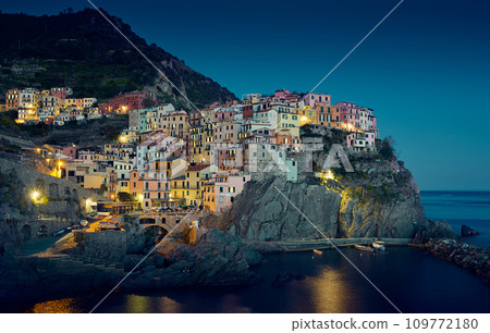 Manarola town at night, Cinque Terre region in Italy 109772180