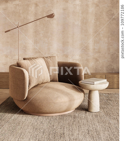 Modern Boho Scandinavian living space with comfortable armchair and unique floor lamp. 3d render Modern Boho Scandinavian living space with comfortable armchair and unique floor lamp. 3d render 109772186