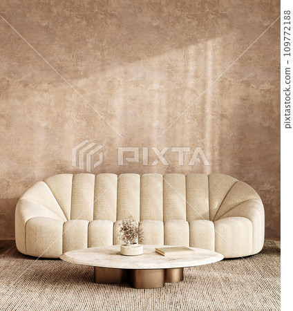 Elegant beige living room with plush sofa and marble coffee table in Boho Scandinavian style. 3d render Elegant beige living room with plush sofa and marble coffee table in Boho Scandinavian style. 3d render 109772188