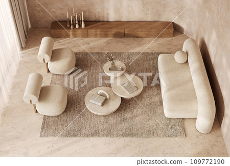 Spacious boho scandinavian interior with unique seating and wooden accents. 3d render 109772190