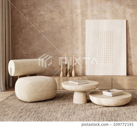 Minimalist boho scandinavian living room with abstract art and natural wood accents. 3d render Minimalist boho scandinavian living room with abstract art and natural wood accents. 3d render 109772191