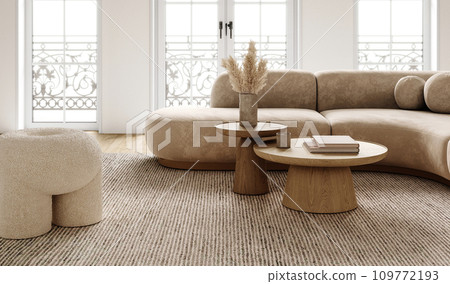 Bright boho scandinavian living room with large windows and minimalist furniture. 3d render 109772193
