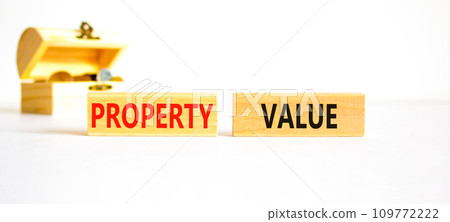 Property value symbol. Concept words Property value on beautiful wooden blocks. Beautiful white table white background. Wooden beautiful chest with coins. Business property value concept. Copy space. Property value symbol. Concept words Property value on beautiful wooden blocks. Beautiful white table white background. Wooden beautiful chest with coins. Business property value concept. Copy space. 109772222