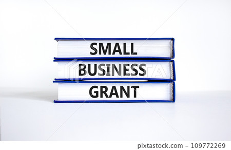 Small business grant symbol. Concept words Small business grant on books on a beautiful white table white background. Business, finacial and small business grant concept. 109772269