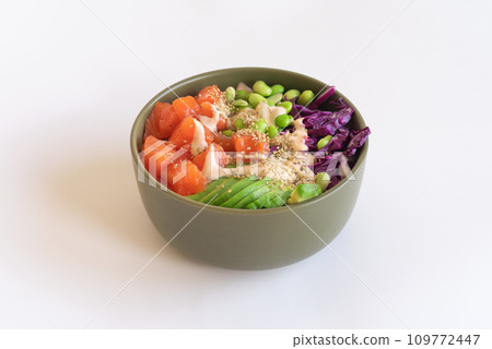 poke bowl with salmon on white background poke bowl with salmon on white background 109772447