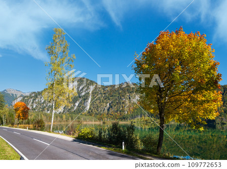 Peaceful autumn Alps mountain lake with clear transparent water and reflections. Almsee lake, Upper Austria. 109772653