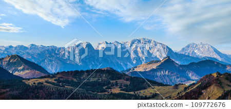 Picturesque autumn Alps mountain view from Schafberg viewpoint, Salzkammergut, Upper Austria. Picturesque autumn Alps mountain view from Schafberg viewpoint, Salzkammergut, Upper Austria. 109772676