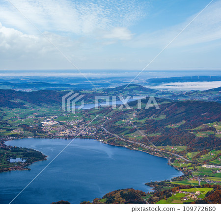 Picturesque autumn Alps mountain lakes view from Schafberg viewpoint, Salzkammergut, Upper Austria. Picturesque autumn Alps mountain lakes view from Schafberg viewpoint, Salzkammergut, Upper Austria. 109772680