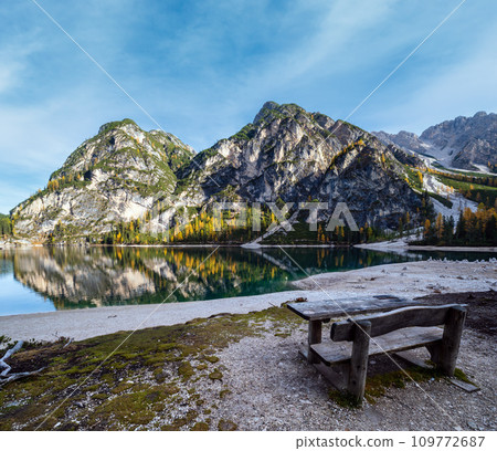 Autumn peaceful alpine lake Braies or Pragser Wildsee. Fanes-Sennes-Prags national park, South Tyrol, Dolomites Alps, Italy, Europe. Picturesque traveling, seasonal and nature beauty concept scene. 109772687