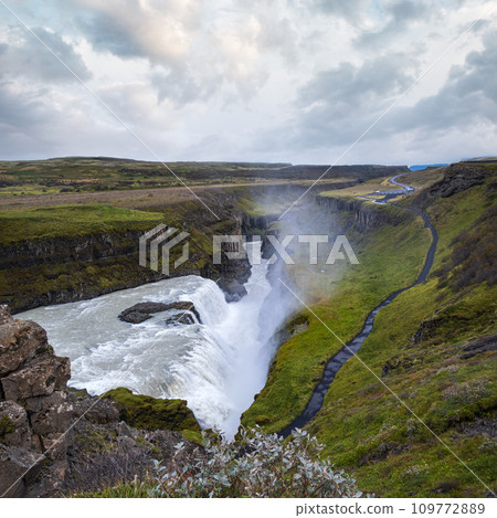 Picturesque full of water big waterfall Gullfoss autumn view, southwest Iceland. 109772889