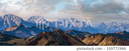 Picturesque autumn Alps mountain view from Schafberg viewpoint, Salzkammergut, Upper Austria. Picturesque autumn Alps mountain view from Schafberg viewpoint, Salzkammergut, Upper Austria. 109772966
