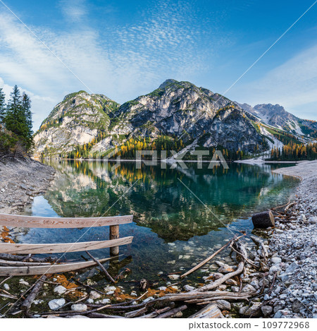Autumn peaceful alpine lake Braies or Pragser Wildsee. Fanes-Sennes-Prags national park, South Tyrol, Dolomites Alps, Italy, Europe. 109772968