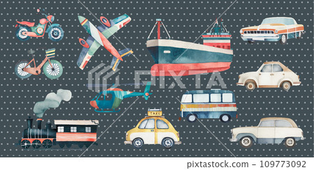 Cute watercolor transport vehicle clipart, vector graphic resource set / collection 109773092