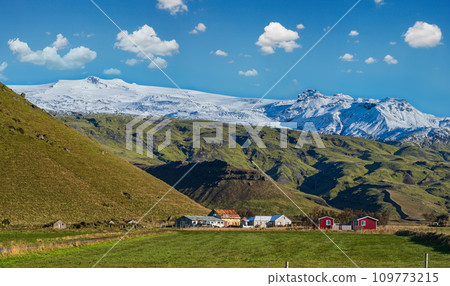 View from highway road during auto trip in Iceland. Spectacular Icelandic landscape with  scenic nature 109773215