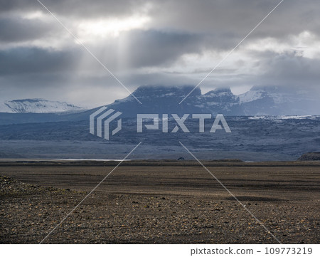 Iceland autumn tundra landscape near Haoldukvisl glacier, Iceland. Glacier tongue slides from the Vatnajokull icecap or Vatna Glacier near subglacial Esjufjoll volcano. Not far from Iceland Ring Road. Iceland autumn tundra landscape near Haoldukvisl glacier, Iceland. Glacier tongue slides from the Vatnajokull icecap or Vatna Glacier near subglacial Esjufjoll volcano. Not far from Iceland Ring Road. 109773219