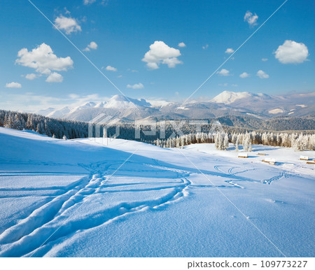 Winter calm mountain landscape with sheds group and mount ridge behind (Kukol Mount, Carpathian Mountains, Ukraine) 109773227
