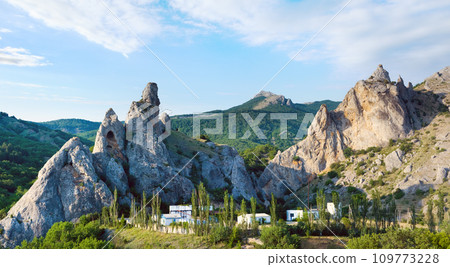 Summer evening mountain view, Crimea, Ukraine. Two shots stitch image. Summer evening mountain view, Crimea, Ukraine. Two shots stitch image. 109773228