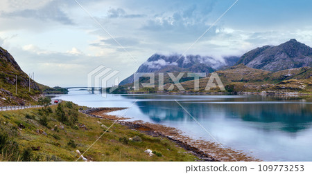 Summer cloudy sea coast panorama (Norway, Lofoten). Summer cloudy sea coast panorama (Norway, Lofoten). 109773253