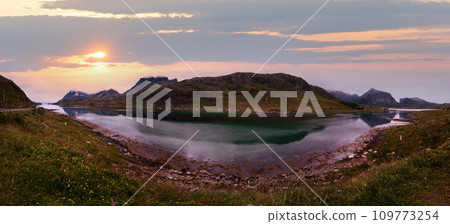 Summer cloudy sea panorama, Norway, Lofoten. Summer cloudy sea panorama, Norway, Lofoten. 109773254