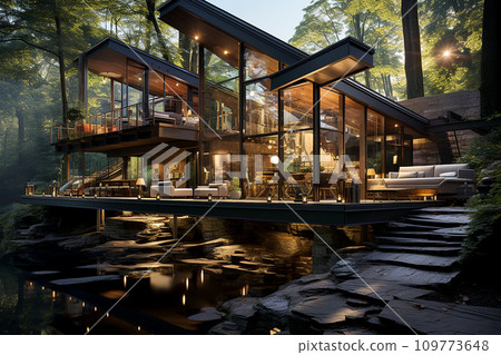 Residence harmoniously designed with nature in mind, house seamlessly blending into its surroundings Residence harmoniously designed with nature in mind, house seamlessly blending into its surroundings 109773648