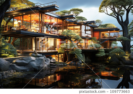 Residence harmoniously designed with nature in mind, house seamlessly blending into its surroundings Residence harmoniously designed with nature in mind, house seamlessly blending into its surroundings 109773663