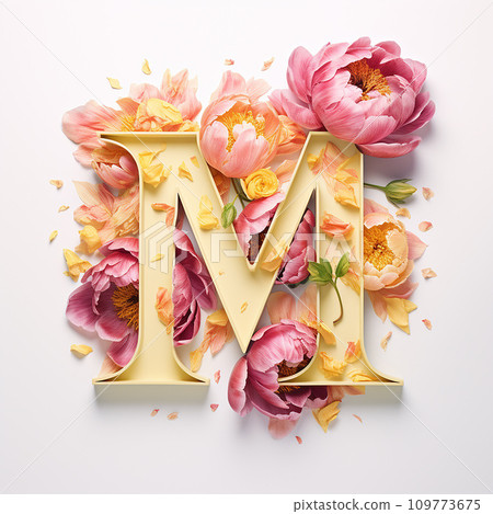 Creative letter M concept made of fresh yellow and pink peony Creative letter M concept made of fresh yellow and pink peony 109773675