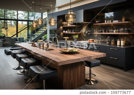 Kitchen with smooth surfaces and minimal open shelving, promoting a sleek and clutter-free environment Kitchen with smooth surfaces and minimal open shelving, promoting a sleek and clutter-free environment 109773677