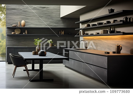 Kitchen with smooth surfaces and minimal open shelving, promoting a sleek and clutter-free environment Kitchen with smooth surfaces and minimal open shelving, promoting a sleek and clutter-free environment 109773680