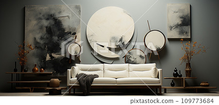 Modern living room with big windows and sofa 109773684