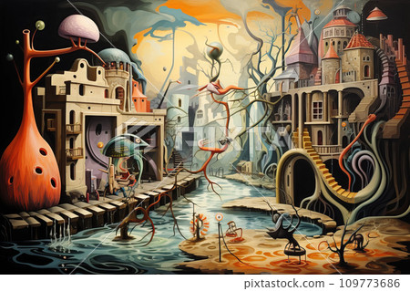 Imaginative mindscape, where thoughts and emotions manifest as surreal landscapes Imaginative mindscape, where thoughts and emotions manifest as surreal landscapes 109773686