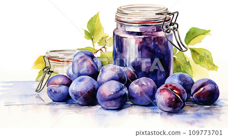 Plum jam in glass jars. Watercolor hand drawn illustration on white background . 109773701