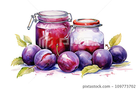 Watercolor illustration of appetizing fresh plums and jam in jars. 109773702