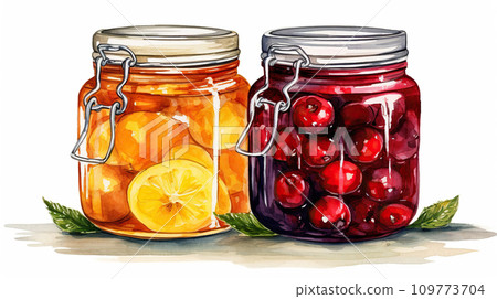 Cherry jam in glass jars. Glass jars with cranberries and lemon. Two jars of homemade appetizing canned food. 109773704