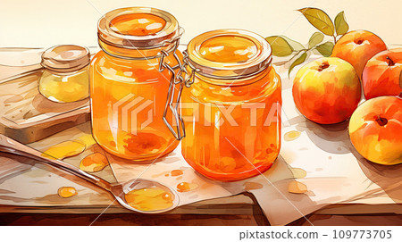 A jar of apple jam and apples on the table. Marmalade and fruits on the table, watercolor illustration. 109773705