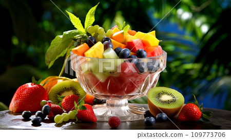 Fruit salad in a glass bowl with fresh fruits... - Stock Illustration ...