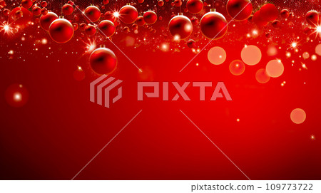 Christmas background with red shiny balls and twinkling stars. Red Christmas background with bokeh lights and fragile snowflakes in frosty winter time. 109773722