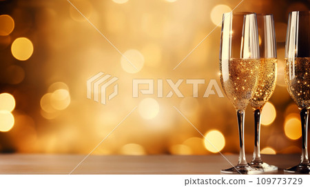 Glasses of champagne on golden bokeh background with copy space. 109773729