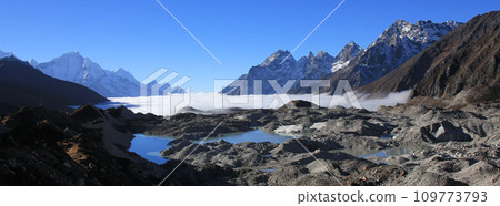 Lower part of the Ngozumpa Glacier seen from Dragnang, Nepal. 109773793