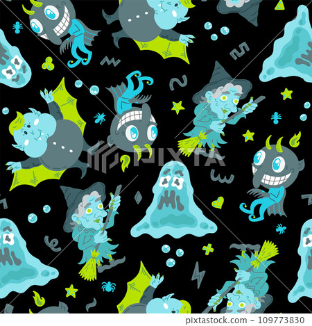 Halloween cartoon character seamless pattern. Hand-drawn vector illustration for background, wallpaper, fabric, paper. Vector illustration Halloween cartoon character seamless pattern. Hand-drawn vector illustration for background, wallpaper, fabric, paper. Vector illustration 109773830