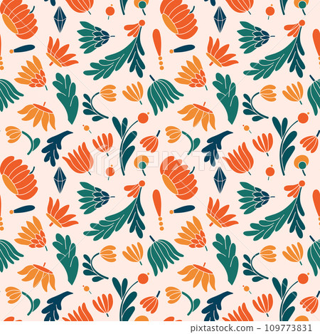 Modern colored seamless violet pattern with flowers and geometric elements. Green, orange, and indigo colors. Vector illustration Modern colored seamless violet pattern with flowers and geometric elements. Green, orange, and indigo colors. Vector illustration 109773831