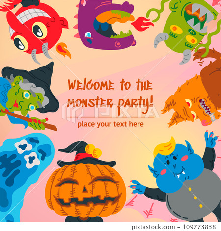 Halloween cartoon character banner social media template with copy space. Hand-drawn vector illustration Monster, Dragon, Slug, Wolf, Devil, Pumpkin, Vampire, Witch. Mystery, All Saints Day concept Halloween cartoon character banner social media template with copy space. Hand-drawn vector illustration Monster, Dragon, Slug, Wolf, Devil, Pumpkin, Vampire, Witch. Mystery, All Saints Day concept 109773838