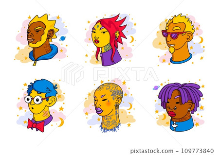 People avatars. Employee person face, business team diverse portrait, head, user characters, man and woman. Bright hair, tattoos and piercings, glasses, plaster, dreadlocks, bald female head, beard 109773840