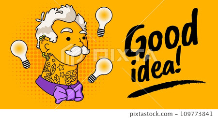 Old character. Idea, businessman, tattoo on hipster grandpa, senior salesman joy with bulb, lightbulb. Comic pop art, good hairstyle, tattoos and piercings, earrings and bow tie. Vector cartoon 109773841