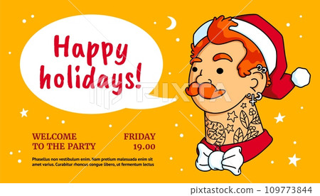 Santa tattoo. Claus party, funny Christmas invitation with strong beard man, old school sailor, Xmas banner. New Year hat or cap, piercings, earrings and bow tie. Vector cartoon, card background Santa tattoo. Claus party, funny Christmas invitation with strong beard man, old school sailor, Xmas banner. New Year hat or cap, piercings, earrings and bow tie. Vector cartoon, card background 109773844