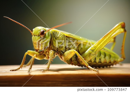 Detailed macro shot of Locust or grasshopper on blurred green background. Insects body is vibrant green color. Image showcases intricate details of the Locusts body, highlighting its impressive size Detailed macro shot of Locust or grasshopper on blurred green background. Insects body is vibrant green color. Image showcases intricate details of the Locusts body, highlighting its impressive size 109773847