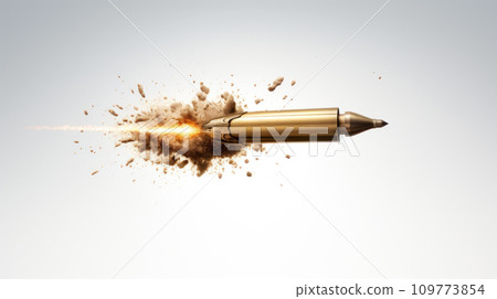 Bullet in slow motion, leaving a trail of fire, smoke and debris behind it. Exploding projectile. Rifle round in mid-flight. On light background. Flying bullet Close up. Dramatic and dynamic. Bullet in slow motion, leaving a trail of fire, smoke and debris behind it. Exploding projectile. Rifle round in mid-flight. On light background. Flying bullet Close up. Dramatic and dynamic. 109773854