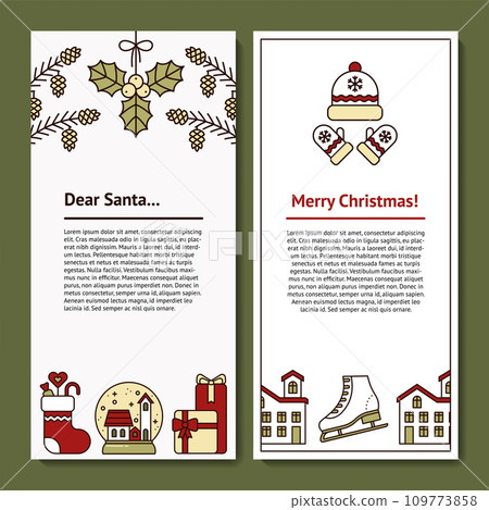 Letter Design Template for Santa, Christmas mail. Letterhead with Copy Space for Text and illustration of Mistletoe, Pine Cone, Snow Globe, Sock, Gifts, Hat, Mitten, House. For greetings, invitations Letter Design Template for Santa, Christmas mail. Letterhead with Copy Space for Text and illustration of Mistletoe, Pine Cone, Snow Globe, Sock, Gifts, Hat, Mitten, House. For greetings, invitations 109773858