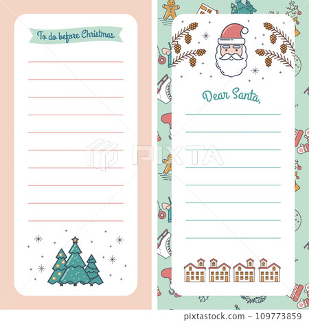 Letter Template for Dear Santa or Christmas mail. Blank Letterhead with Space for Text and illustrations of Christmas Tree, Santa Claus, Pine cones and Winter House. For greetings and invitations Letter Template for Dear Santa or Christmas mail. Blank Letterhead with Space for Text and illustrations of Christmas Tree, Santa Claus, Pine cones and Winter House. For greetings and invitations 109773859