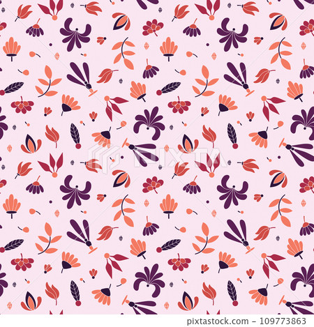 Modern colored seamless pink pattern with flowers and geometric elements. Purple, red, pink and orange colors. Vector illustration Modern colored seamless pink pattern with flowers and geometric elements. Purple, red, pink and orange colors. Vector illustration 109773863