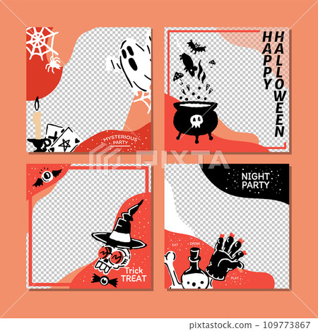 Happy Halloween mysterious social media banner with copy space template set with magic elements. Pumpkin, potion, candle, Ghost, skull, magic hat. Poster, banner, special offer with transparent part 109773867